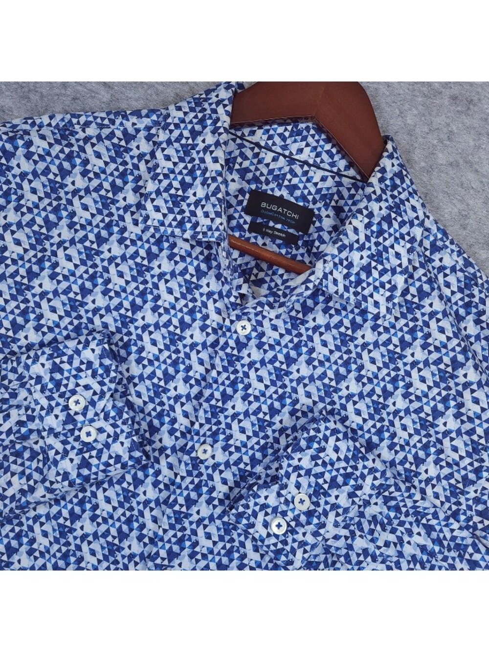 Bugatchi OoohCotton Tech Shirt Large 8-Way Stretch Blue Geometric Long Sleeve